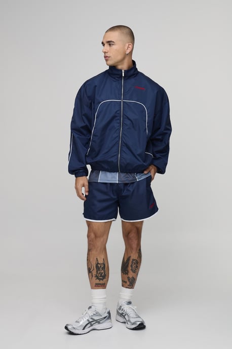 Boxy Shell Seam Embroidered Funnel Dual Zip Short Tracksuit - Image 4