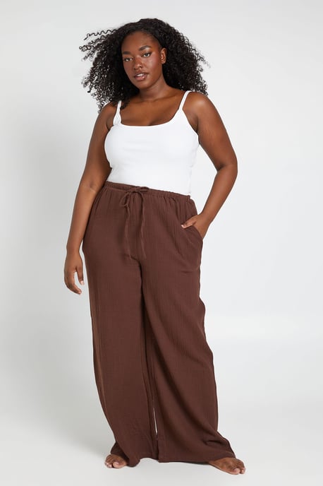 Plus Elasticated Tie Front Wide Leg Beach Trouser - Image 1