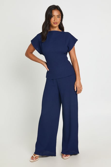 Petite Crinkle Tie Back Top Wide Leg Trouser Co ord - Image 1