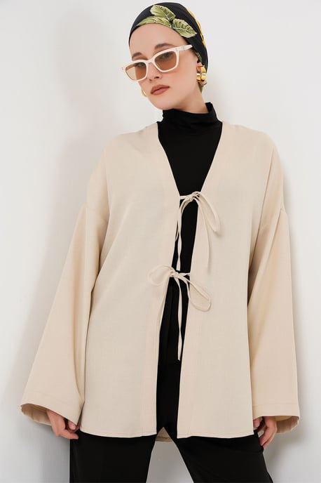 Linen Blend Long Sleeve Kimono with Binding Detail - Image 1