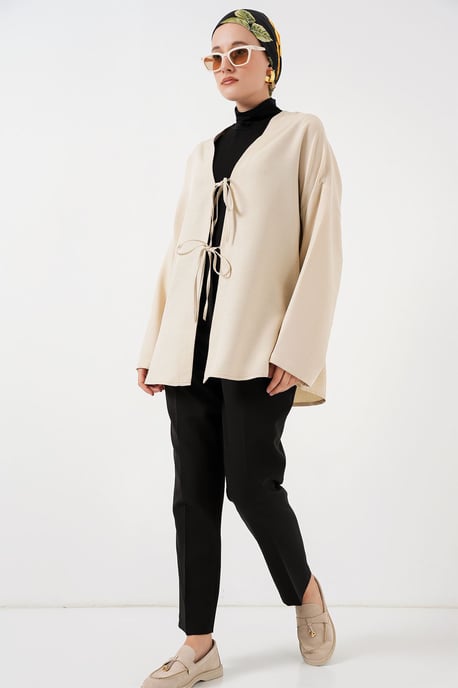 Linen Blend Long Sleeve Kimono with Binding Detail - Image 2