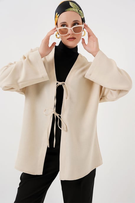 Linen Blend Long Sleeve Kimono with Binding Detail - Image 3