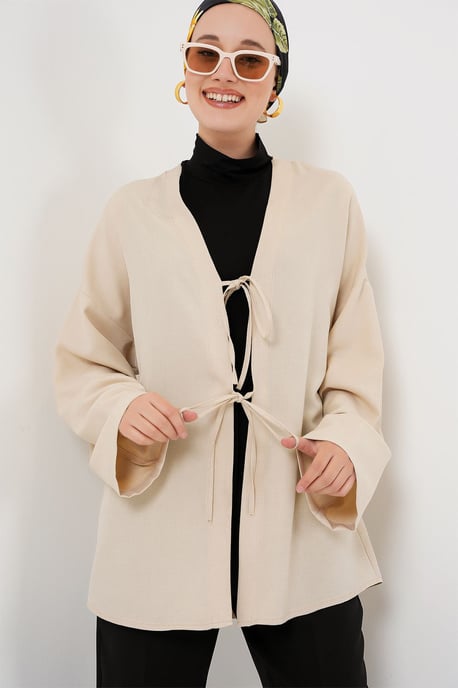 Linen Blend Long Sleeve Kimono with Binding Detail - Image 4