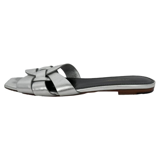 Saint Laurent Tribute Woven Metallic Slides in Silver Leather - Image 2