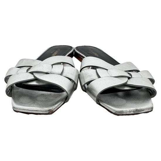 Saint Laurent Tribute Woven Metallic Slides in Silver Leather - Image 3