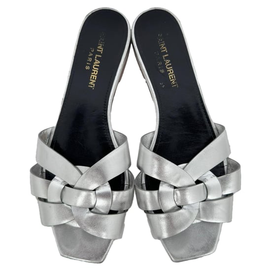 Saint Laurent Tribute Woven Metallic Slides in Silver Leather - Image 5