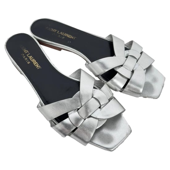 Saint Laurent Tribute Woven Metallic Slides in Silver Leather - Image 6