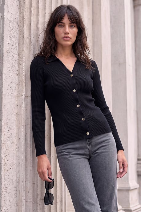 Buttoned Ribbed Henley Style Knit - Image 1