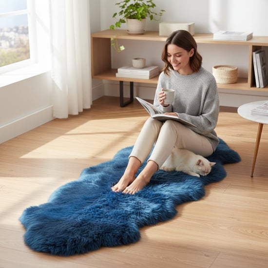 Genuine Sheepskin Diamond Blue Double Natural Fluffy Silky Soft Real Wool Rug - Image 1
