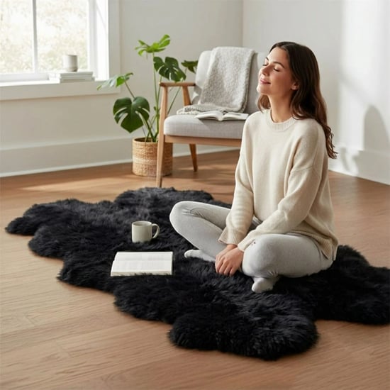 Genuine Sheepskin Black Quad Natural Fluffy Silky Soft Real Wool Rug - Image 1