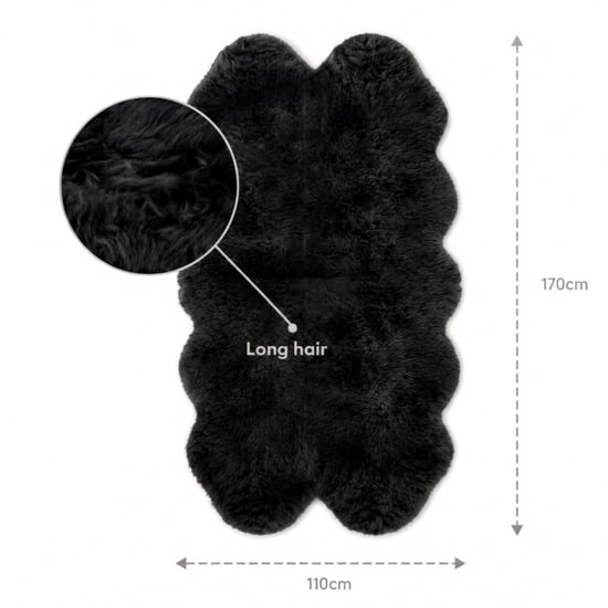 Genuine Sheepskin Black Quad Natural Fluffy Silky Soft Real Wool Rug - Image 3