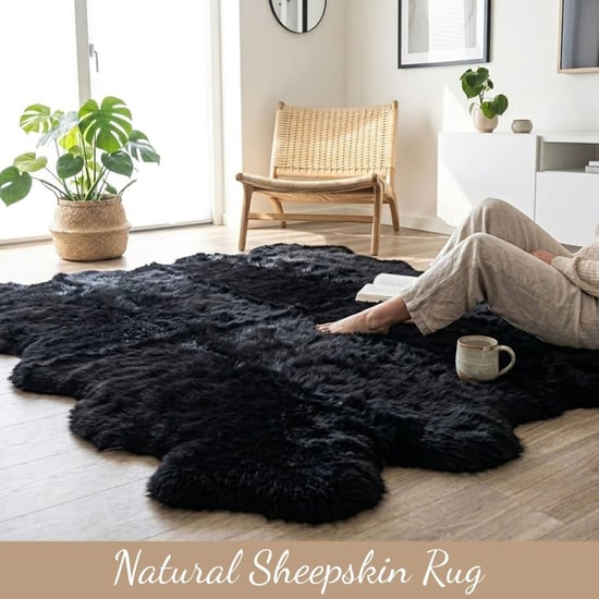 Genuine Sheepskin Black Quad Natural Fluffy Silky Soft Real Wool Rug - Image 4