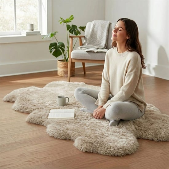 Genuine Sheepskin Cream Quad Natural Fluffy Silky Soft Real Wool Rug - Image 1