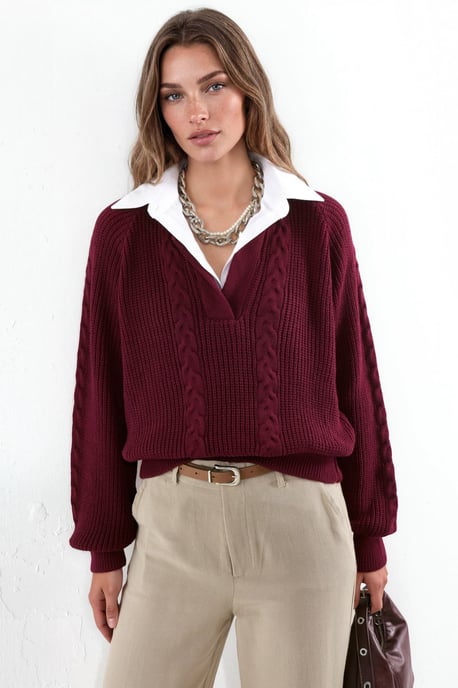 Patterned Knit Sweater with Shirt Collar - Image 5
