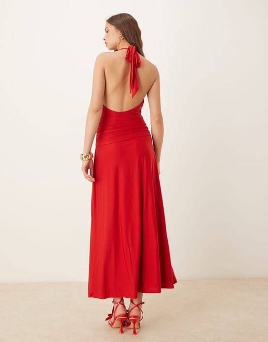 Abercrombie & Fitch halterneck lyft jersey knutfront maxi klänning i röd - Image 4