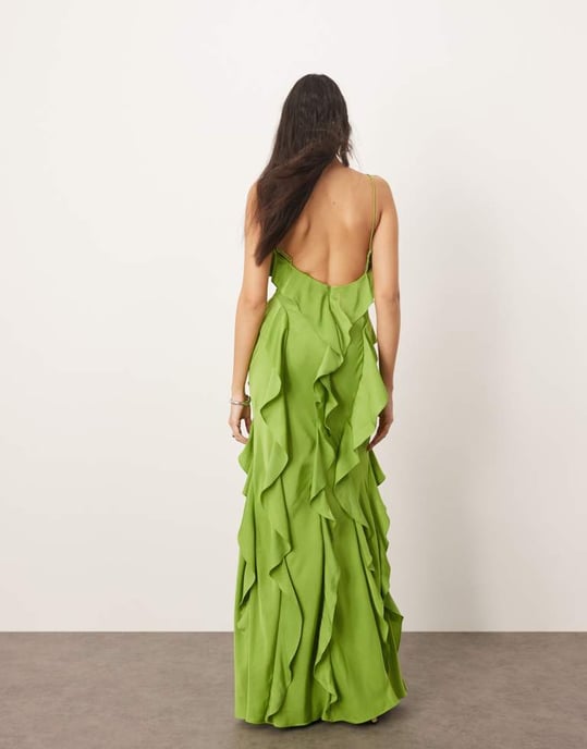 ARRANGE volang maxi slingklänning med snedskuren kjol i grön - Image 3