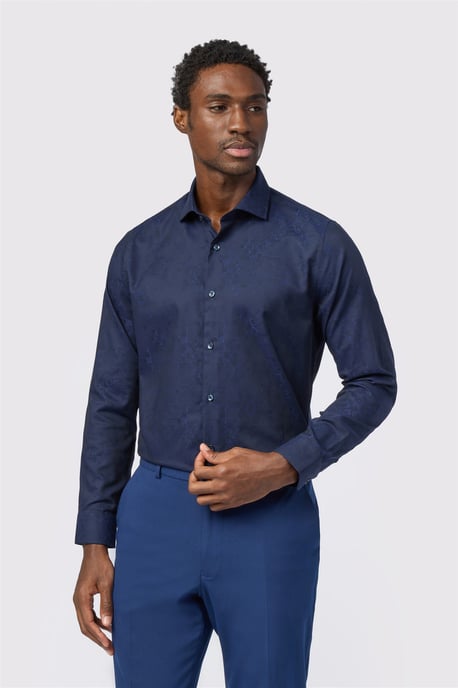 Long Sleeve Cutaway Collar Floral Tailored Formal Shirt in Navy - Image 1