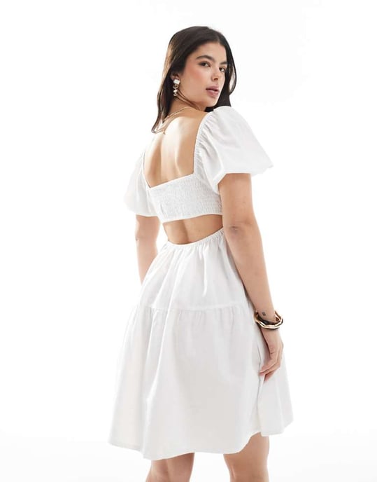 Esmee Exclusive cut out mini puff sleeve beach dress in white - Image 3