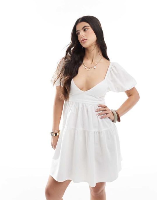 Esmee Exclusive cut out mini puff sleeve beach dress in white - Image 4