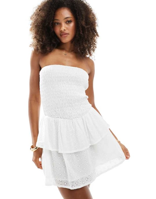 Daisy Street broderie bandaeu tiered mini dress in white - Image 2