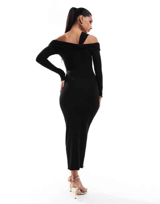 ASOS DESIGN bardot midi-klänning med vridet band i svart - Image 3