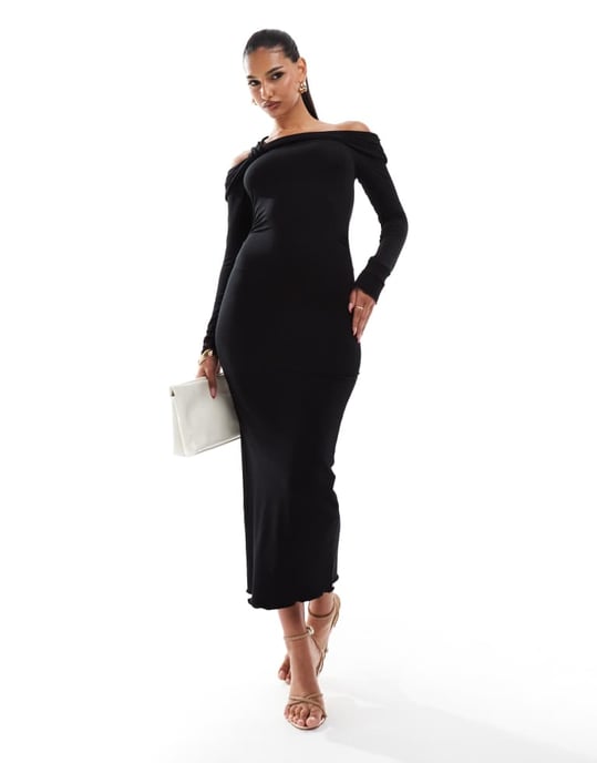 ASOS DESIGN bardot midi-klänning med vridet band i svart - Image 4