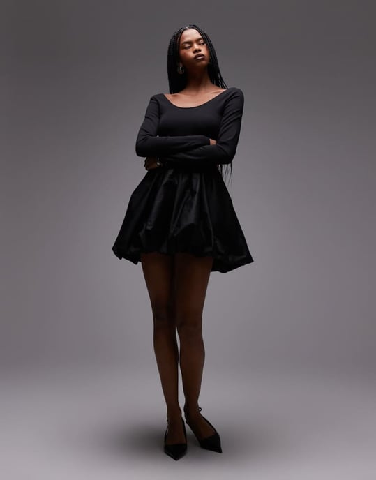 & Other Stories mini dress with puffball hem in black mixed jersey and woven fabric - Image 2