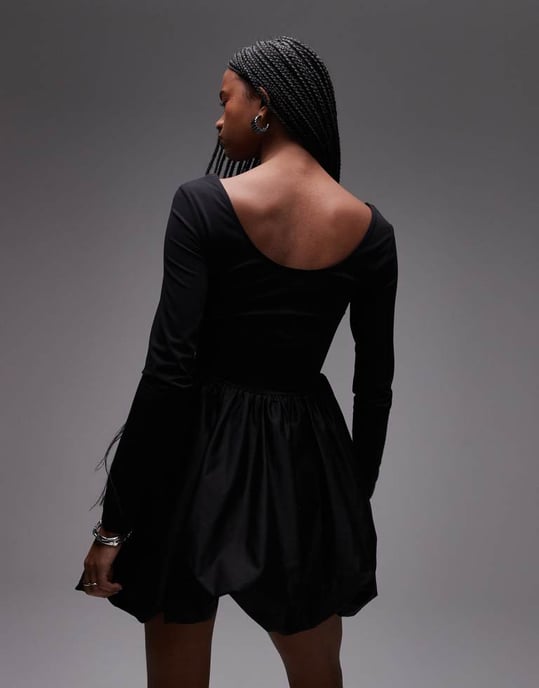 & Other Stories mini dress with puffball hem in black mixed jersey and woven fabric - Image 4