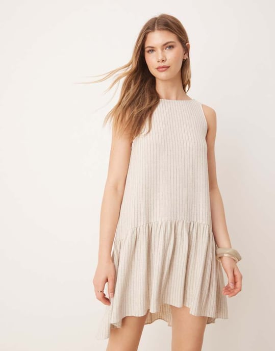 ASOS DESIGN volang midja linne mini klänning i naturlig rand - Image 3