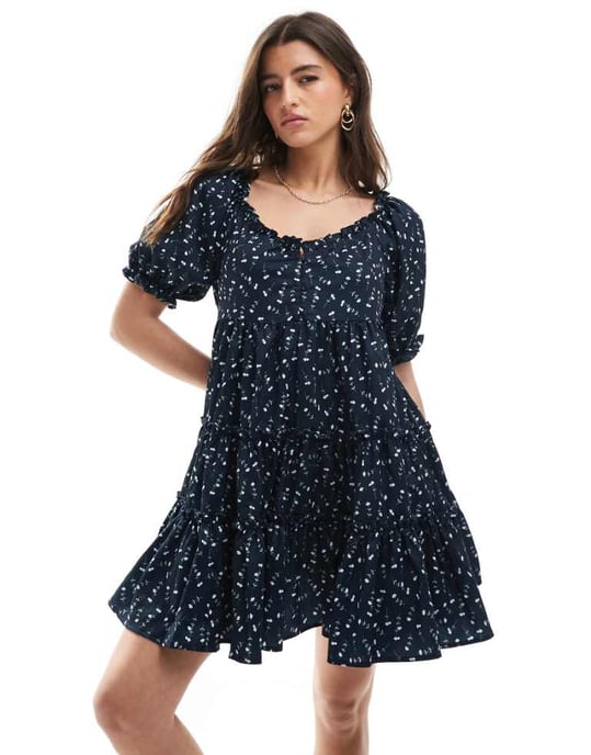 Daisy Street smock tiered mini dress in navy floral - Image 1