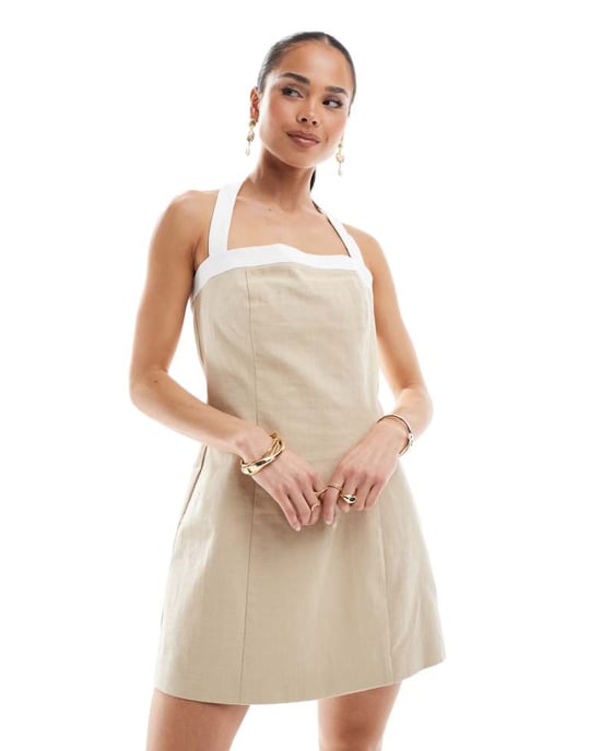 4th & Reckless linen look contrast edge halterneck mini dress in beige - Image 1