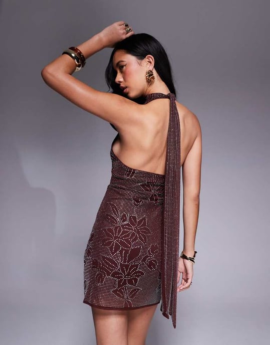 ASOS DESIGN blommig hotfix paljett ärmlös höghalssnittad miniklänning i choklad - Image 2