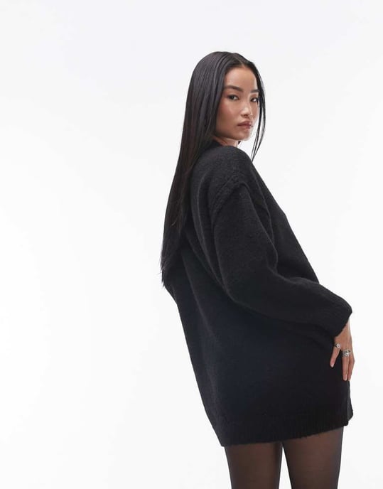 Topshop knitted oversized crew mini dress with exposed seam detail in black - Image 3