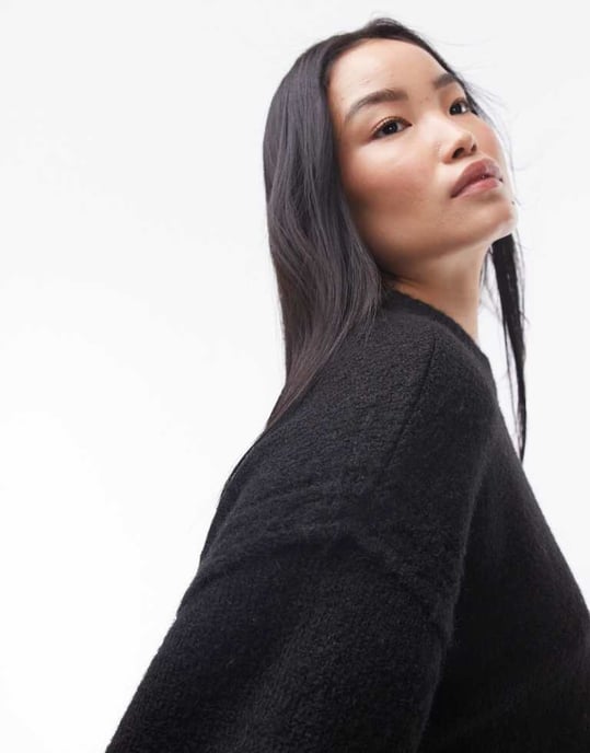 Topshop knitted oversized crew mini dress with exposed seam detail in black - Image 4