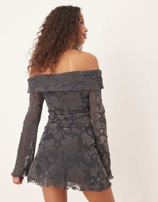 ASOS DESIGN off shoulder flockad bardot mini klänning i petrolblå - Image 3