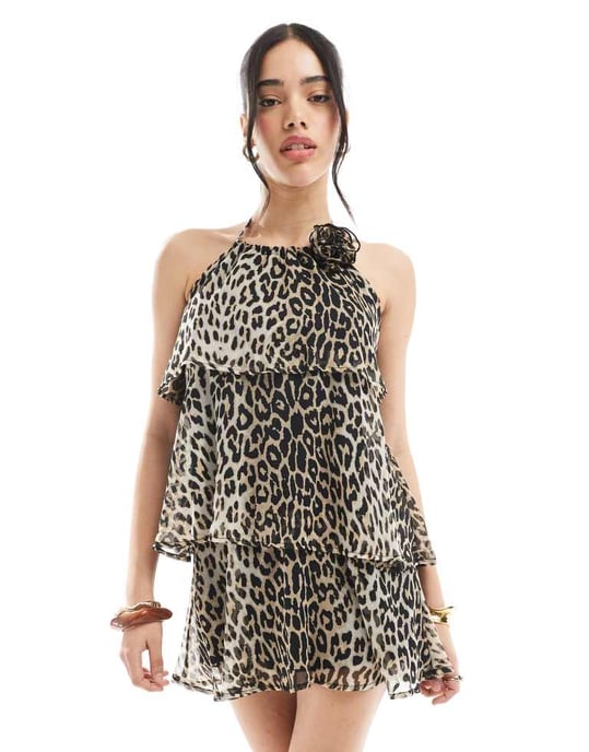 Pieces volang lager mini klänning med corsage detaljer i leopardmönster - Image 4