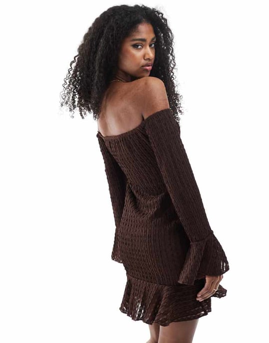 Miss Selfridge bardot volangkantrad mini-klänning i choklad - Image 3