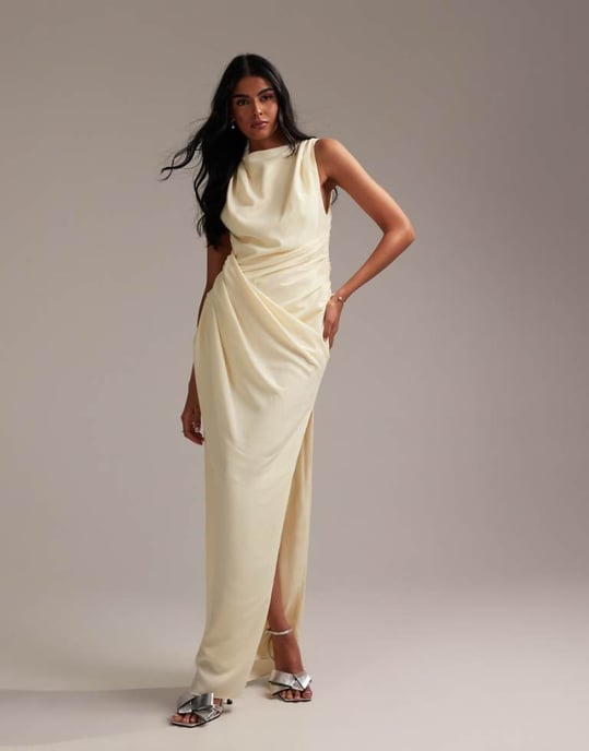 ASOS DESIGN Bridesmaids draped overlay crepe maxi dress in soft yellow - Image 1