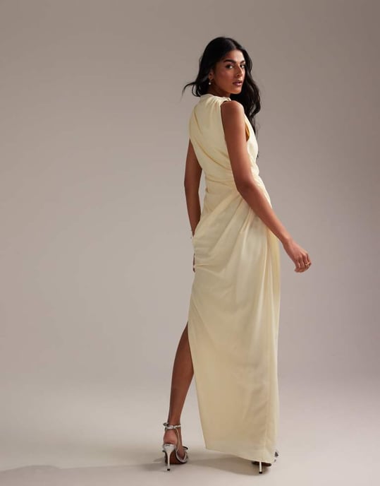 ASOS DESIGN Bridesmaids draped overlay crepe maxi dress in soft yellow - Image 3