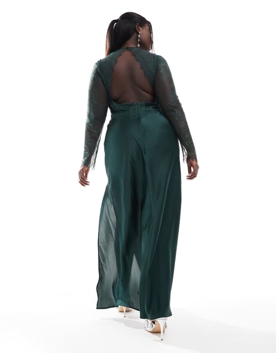 ASOS DESIGN Curve satin- och spetsblandning bias maxi klänning med snörning fram och urtagning bak i djupgrön - Image 4