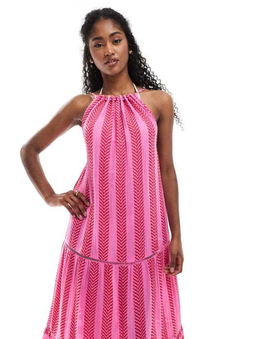 Accesorize maxi halterneck strandklänning i rosa och röd textur - Image 2