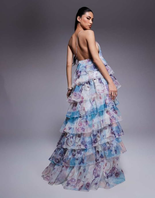 ASOS LUXE organza asymmetrisk volang maxiklänning i blommönster - Image 2