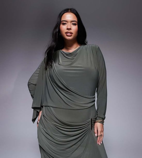 ASOS DESIGN Curve long sleeve drape maxi dress with hitched skirt and trim in khaki - Image 1