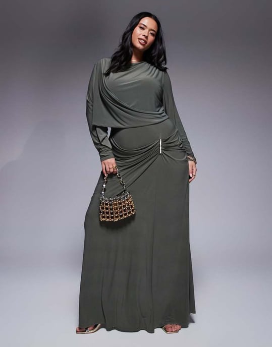 ASOS DESIGN Curve long sleeve drape maxi dress with hitched skirt and trim in khaki - Image 2