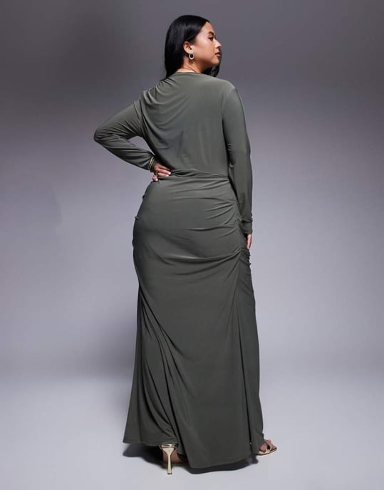 ASOS DESIGN Curve long sleeve drape maxi dress with hitched skirt and trim in khaki - Image 3
