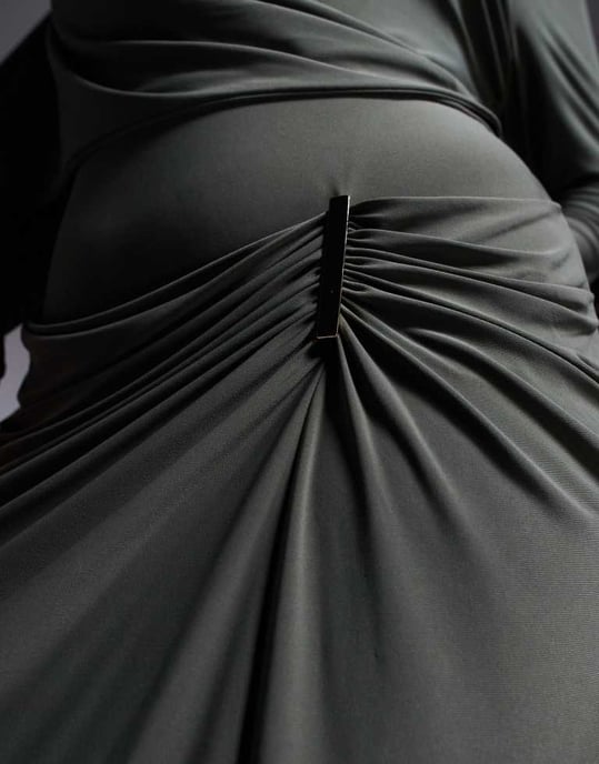 ASOS DESIGN Curve long sleeve drape maxi dress with hitched skirt and trim in khaki - Image 4