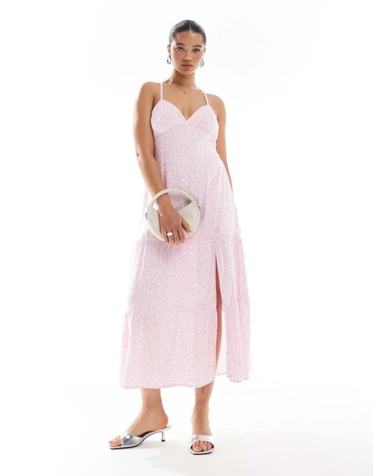 Hollister öppen rygg maxiklänning med hög slits i rosa blommönster - Image 3