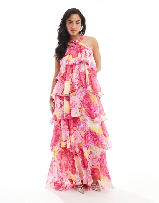 Vero Moda Felicia halterneck maxiklänning med volanger och corsage-detalj i fuchsias blommönster - Image 3