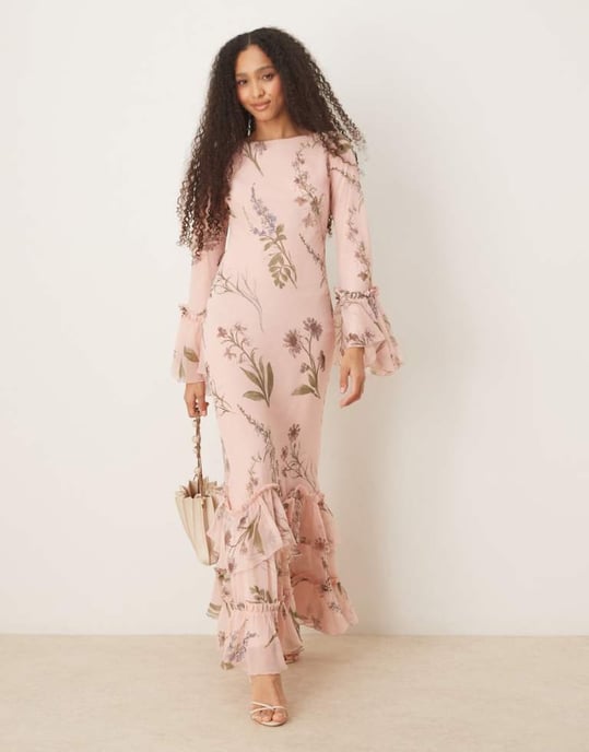 ASOS DESIGN flerlagad volang långärmad chiffong maxiklänning i blommönster - Image 1