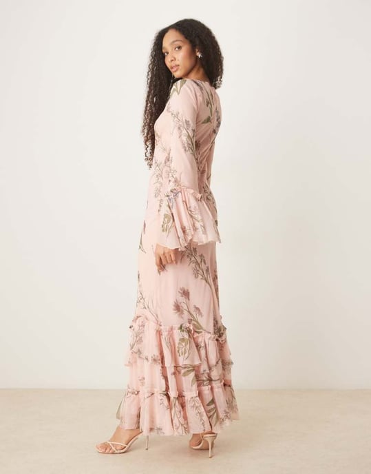 ASOS DESIGN flerlagad volang långärmad chiffong maxiklänning i blommönster - Image 4